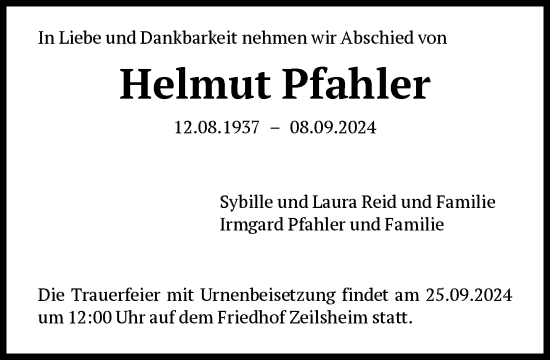 Traueranzeige von Helmut Pfahler von FNP