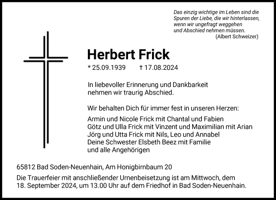 Traueranzeige von Herbert Frick von FNP