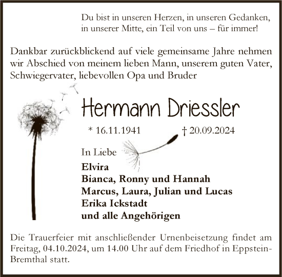 Traueranzeige von Hermann Driessler von FNP