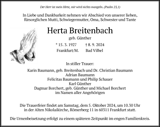 Traueranzeige von Herta Breitenbach von FNP