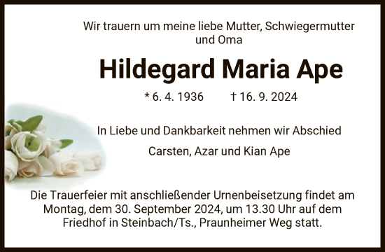 Traueranzeige von Hildegard Maria Ape von FNP