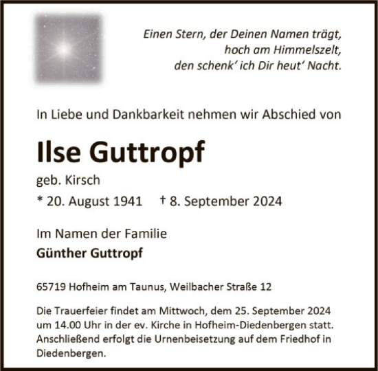 Traueranzeige von Ilse Guttropf von FNP