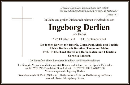 Traueranzeige von Ingeborg Derlien von FNP