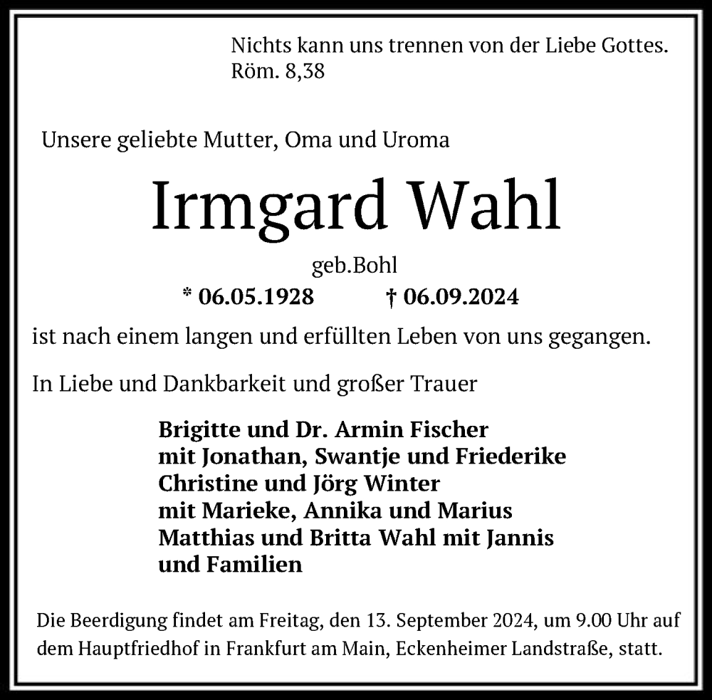  Traueranzeige für Irmgard Wahl vom 10.09.2024 aus FNP