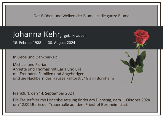 Traueranzeige von Johanna Kehr von FNP