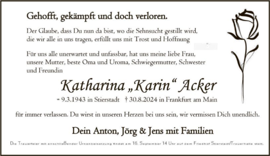 Traueranzeige von Katharina Acker von FNP