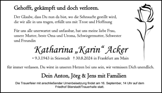 Traueranzeige von Katharina Acker von FNP