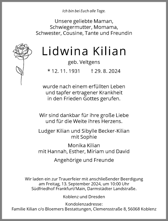 Traueranzeige von Lidwina Kilian von FNP