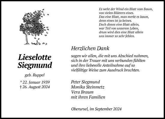 Traueranzeige von Lieselotte Siegmund von FNP