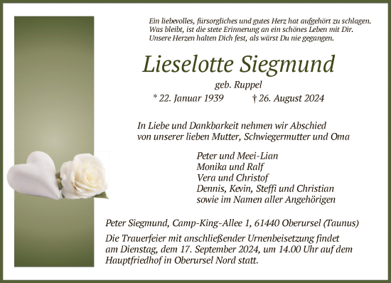 Traueranzeige von Lieselotte Siegmund von FNP