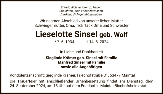Traueranzeige von Lieselotte Sinsel von FNP