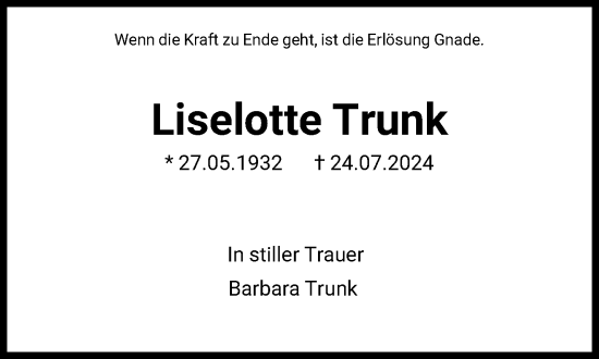 Traueranzeige von Lieselotte Trunk von FNP