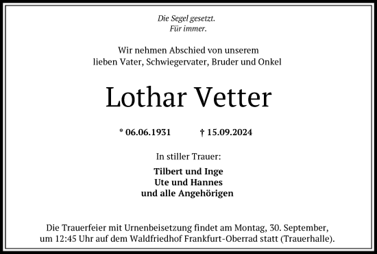 Traueranzeige von Lothar Vetter von FNP