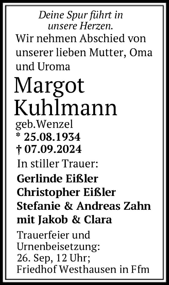 Traueranzeige von Margot Kuhlmann von FNP