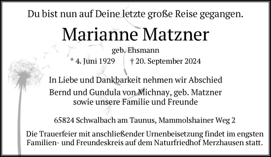 Traueranzeige von Marianne Matzner von FNP