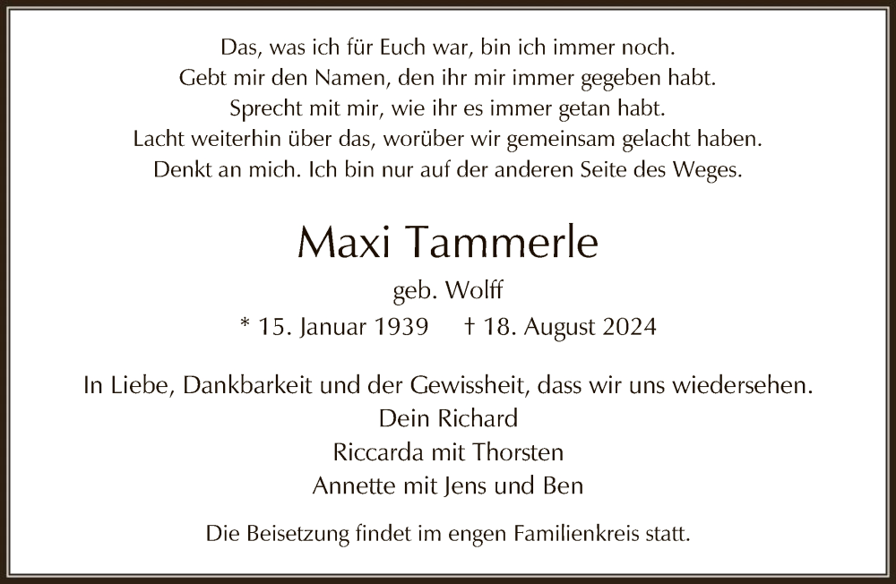  Traueranzeige für Maxi Tammerle vom 07.09.2024 aus FNP