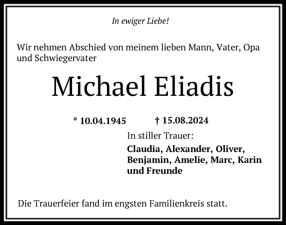 Traueranzeige für Michael Eliadis vom 07.09.2024 aus FNP