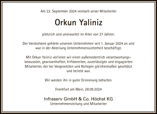 Traueranzeige von Orkun Yaliniz von FNP