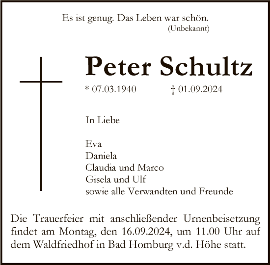 Traueranzeige von Peter Schultz von FNP