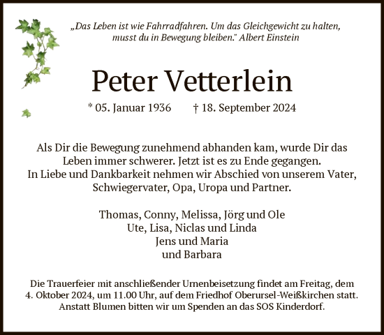 Traueranzeige von Peter Vetterlein von FNP