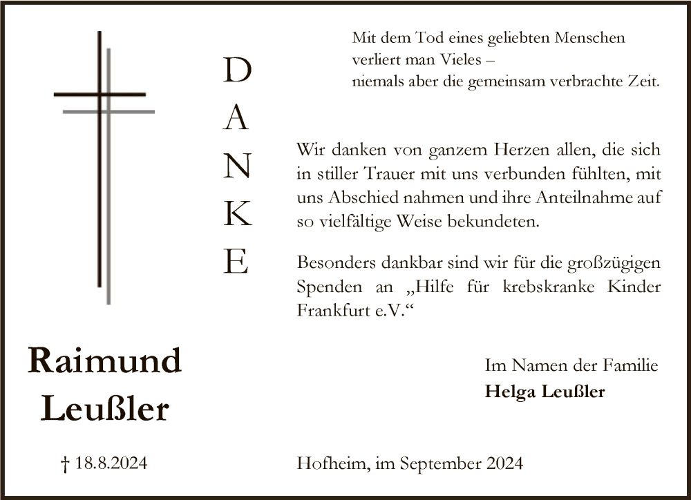  Traueranzeige für Raimund Leußler vom 21.09.2024 aus FNP