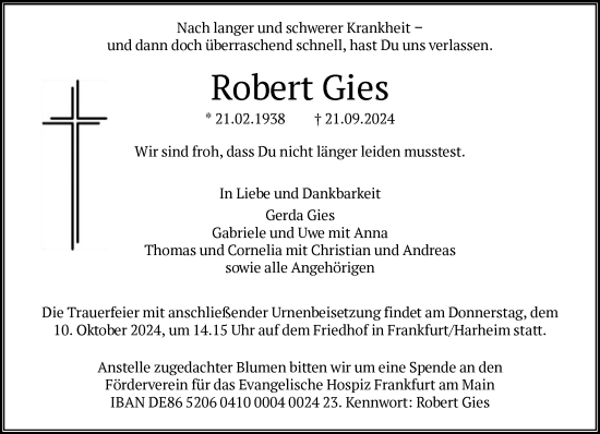 Traueranzeige von Robert Gies von FNP