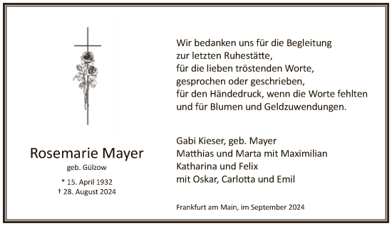 Traueranzeige von Rosemarie Mayer von FNP