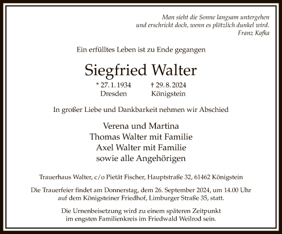 Traueranzeige von Siegfried Walter von FNP