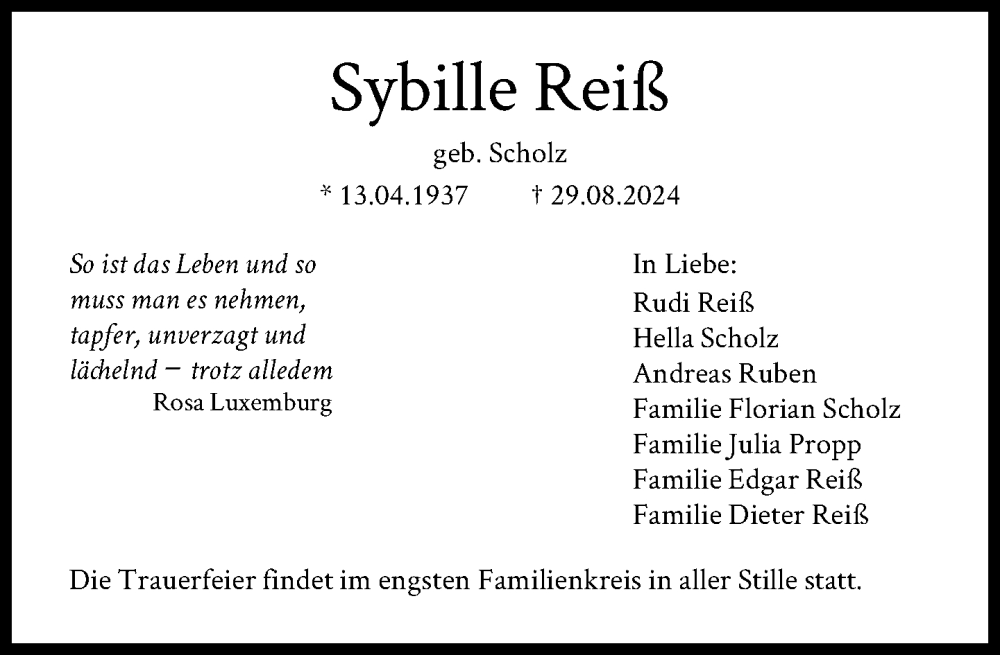  Traueranzeige für Sybille Reiß vom 14.09.2024 aus FNP