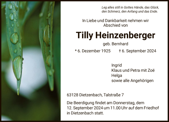Traueranzeige von Tilly Heinzenberger von FNP