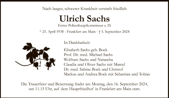 Traueranzeige von Ulrich Sachs von FNP