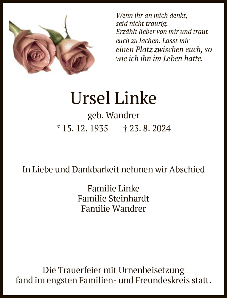  Traueranzeige für Ursel Linke vom 07.09.2024 aus FNP