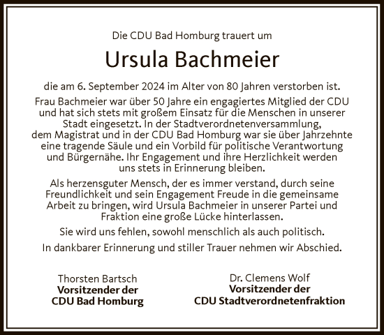 Traueranzeige von Ursula Bachmeier von FNP