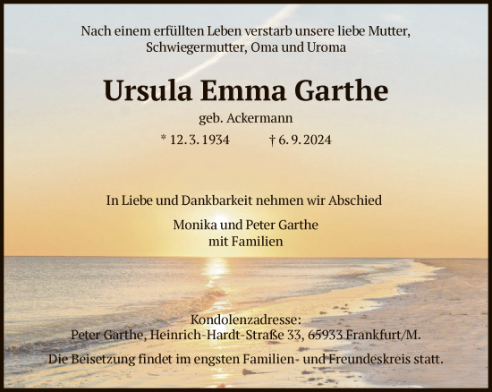 Traueranzeige von Ursula Emma Garthe von FNP