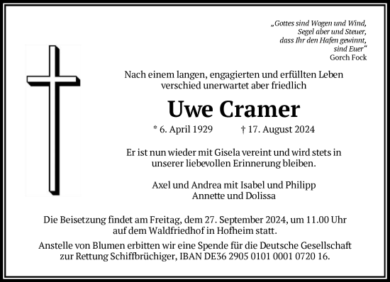 Traueranzeige von Uwe Cramer von FNP