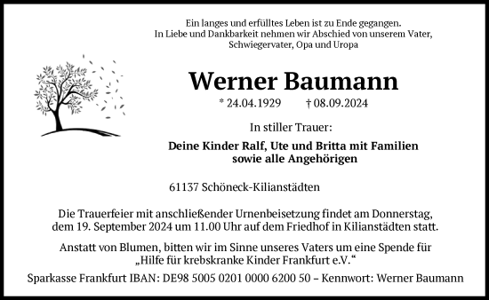Traueranzeige von Werner Baumann von FNP