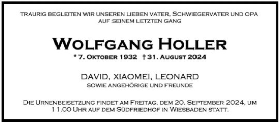 Traueranzeige von Wolfgang Holler von FNP