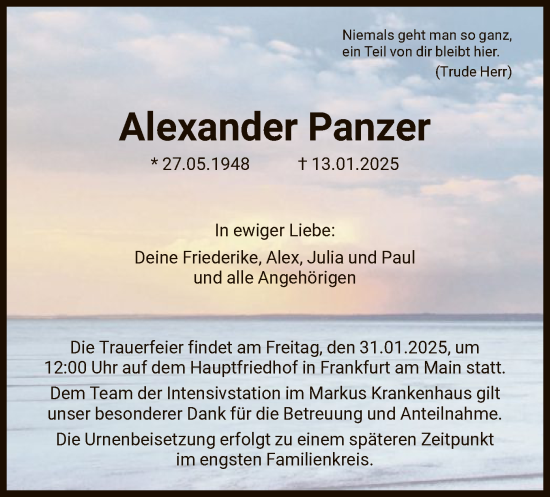 Traueranzeige von Alexander Panzer von FNP