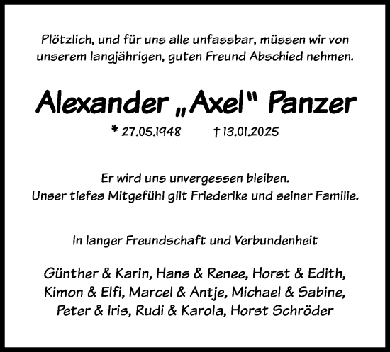 Traueranzeige von Alexander Panzer von FNP