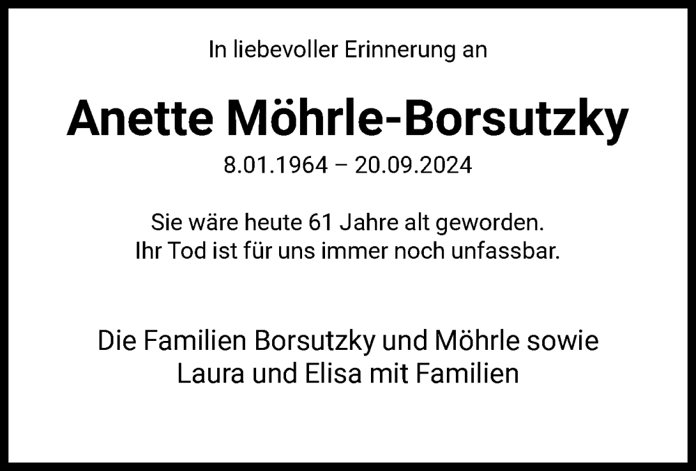  Traueranzeige für Anette Möhrle-Borsutzky vom 08.01.2025 aus FNP