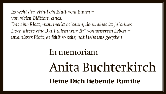 Traueranzeige von Anita Buchterkirch von FNP