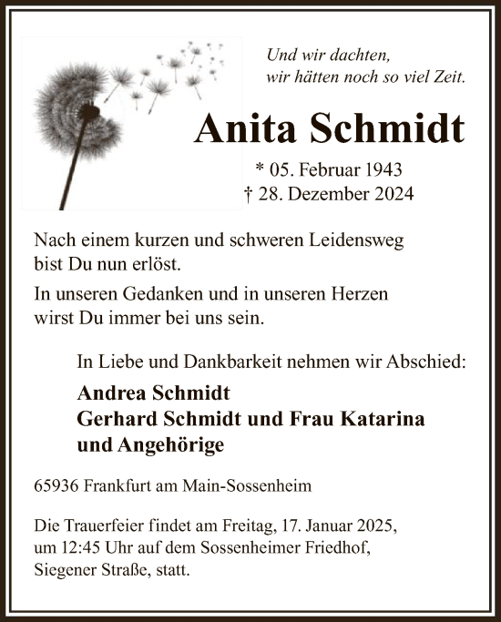 Traueranzeige von Anita Schmidt von FNP