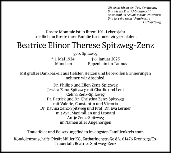 Traueranzeige von Beatrice Elinor Therese Spitzweg-Zenz von FNP