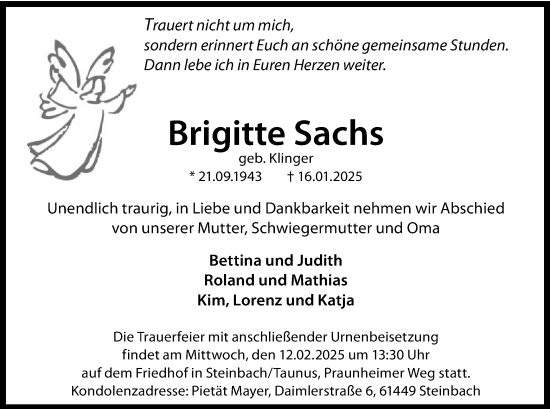 Traueranzeige von Brigitte Sachs von FNP