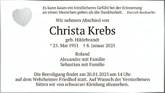 Traueranzeige von Christa Krebs von FNP