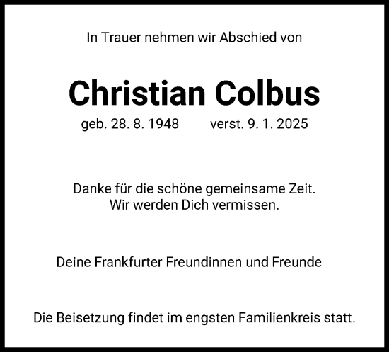 Traueranzeige von Christian Colbus von FNP