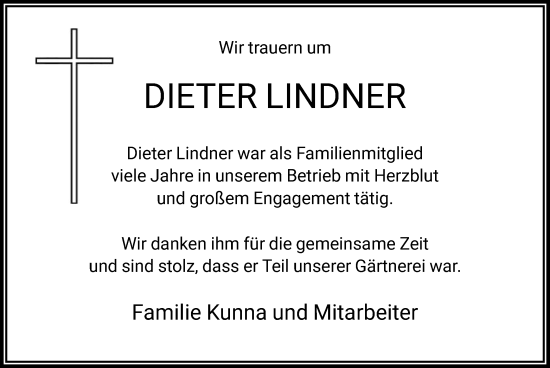 Traueranzeige von Dieter Lindner von FNP