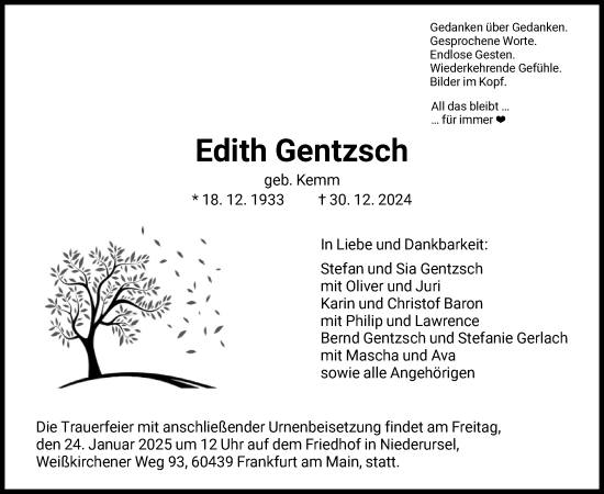 Traueranzeige von Edith Gentzsch von FNP