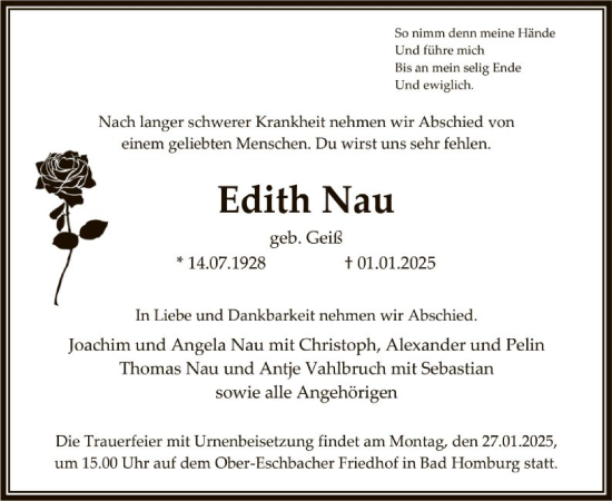 Traueranzeige von Edith Nau von FNP