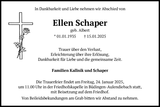 Traueranzeige von Ellen Schaper von FNP